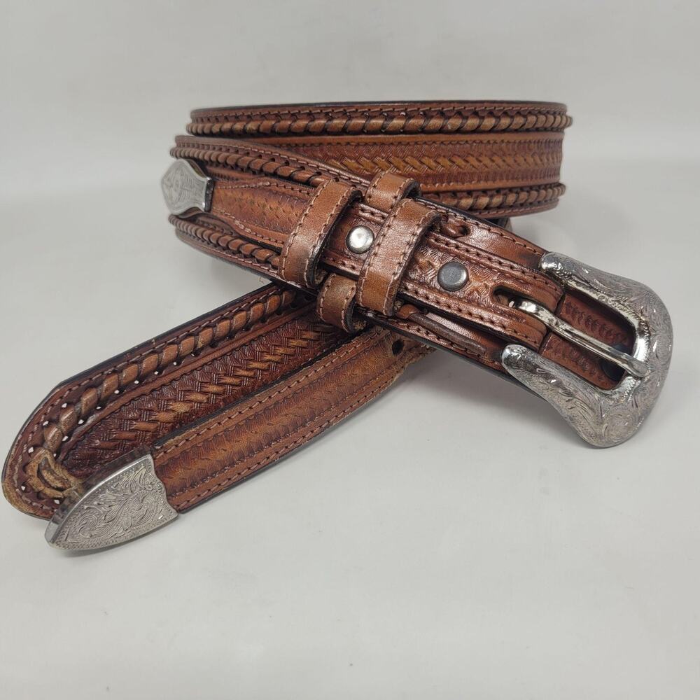 Resistol Black Gold Ranger Belt 36 Brown Leather Basketweave Tooled Western USA